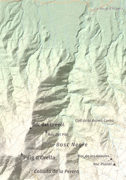 Mapa de relieve de Puig Neulós, 1257 m, Alt Empordà · Rosselló, lámina 100 Cims de Trobart. Detalle de la zona superior izquierda. 21 × 30 cm.
