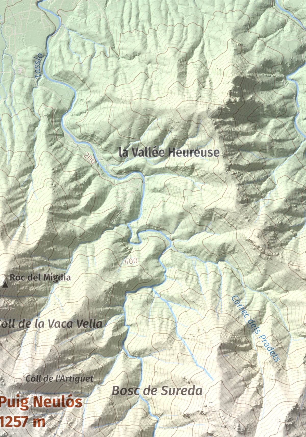 Mapa de relieve de Puig Neulós, 1257 m, Alt Empordà · Rosselló, lámina 100 Cims de Trobart. Detalle de la zona superior derecha. 21 × 30 cm.