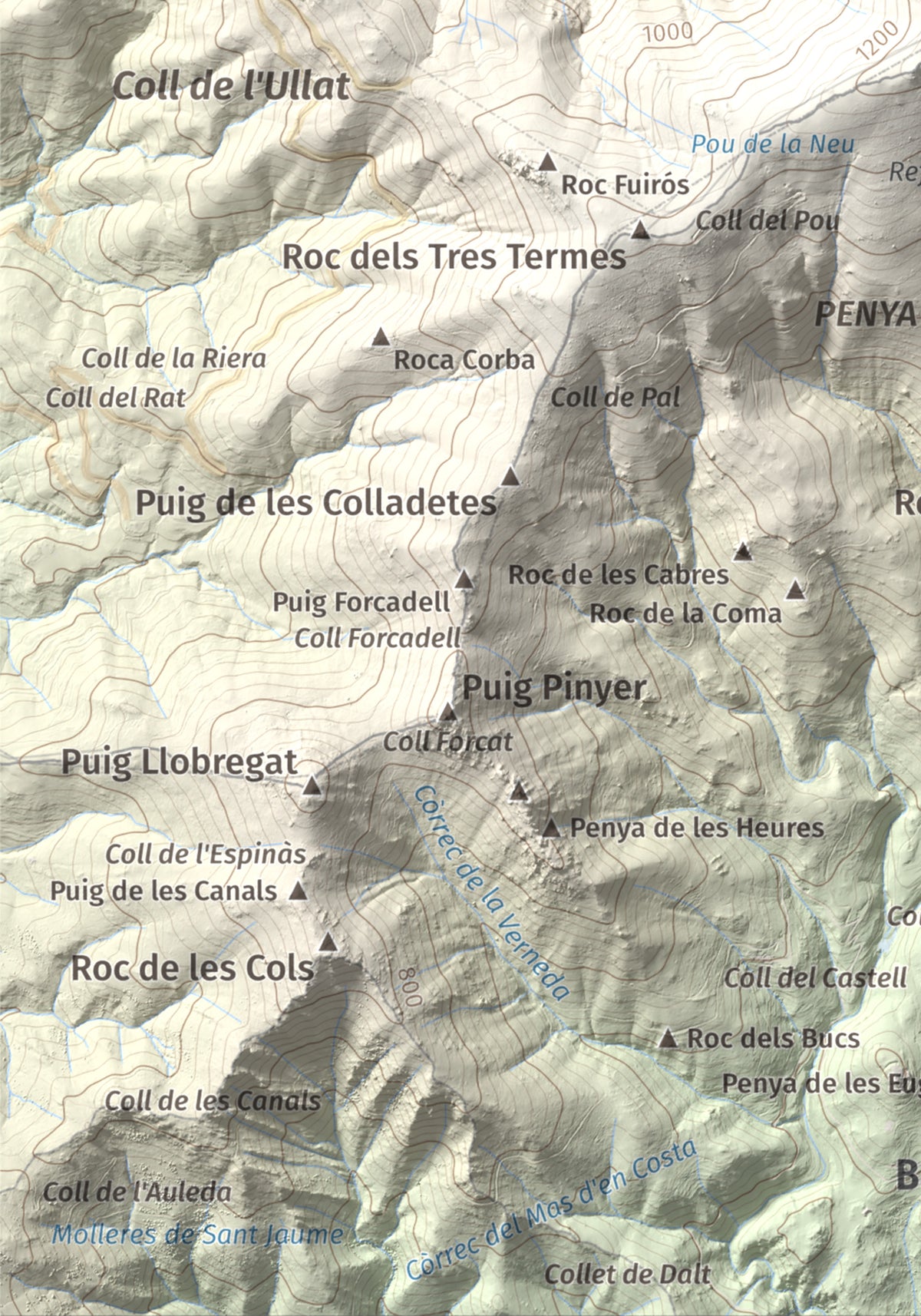 Mapa de relieve de Puig Neulós, 1257 m, Alt Empordà · Rosselló, lámina 100 Cims de Trobart. Detalle de la zona inferior izquierda. 21 × 30 cm.