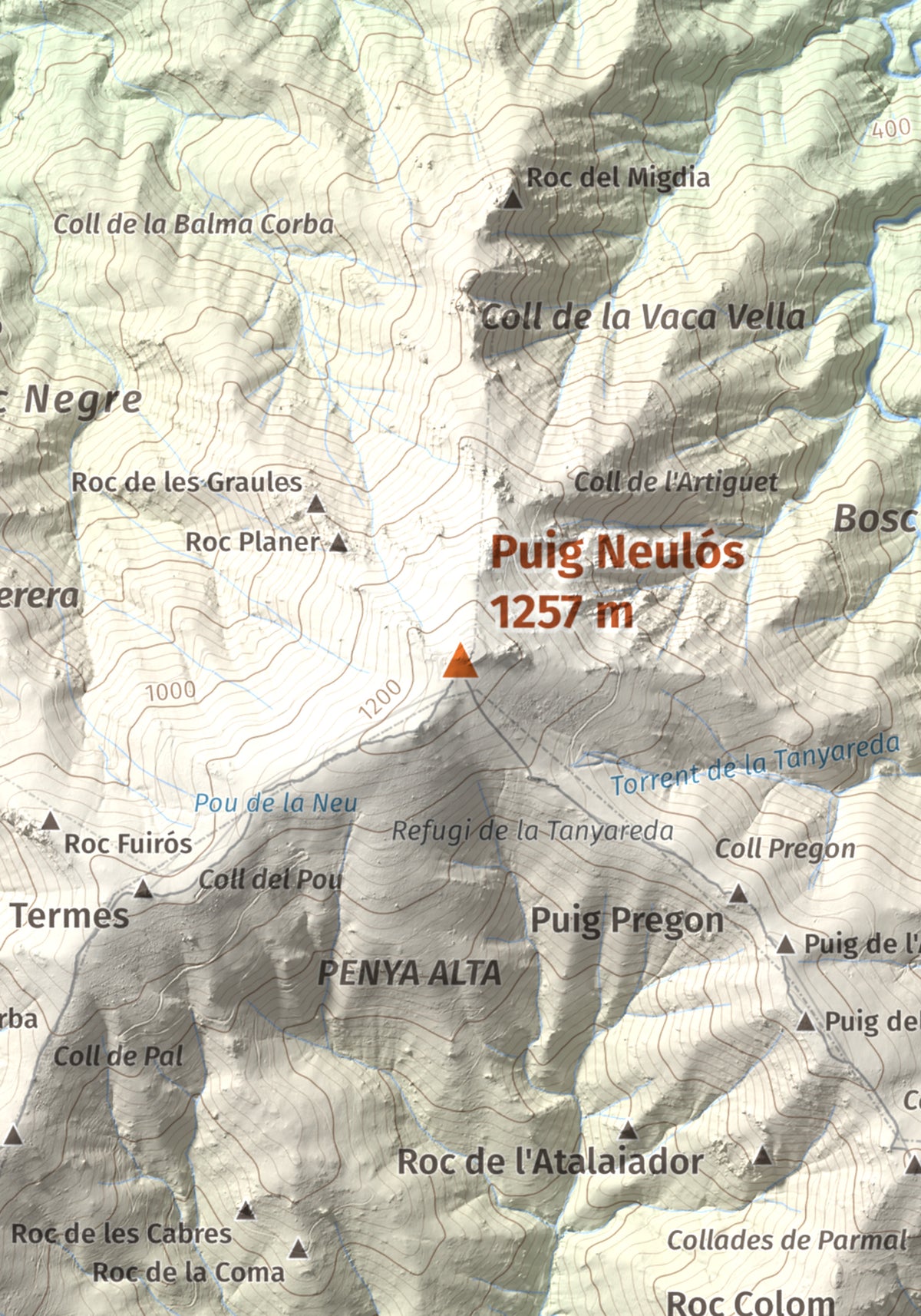 Mapa de relieve de Puig Neulós, 1257 m, Alt Empordà · Rosselló, lámina 100 Cims de Trobart. Detalle de la zona central. 21 × 30 cm.
