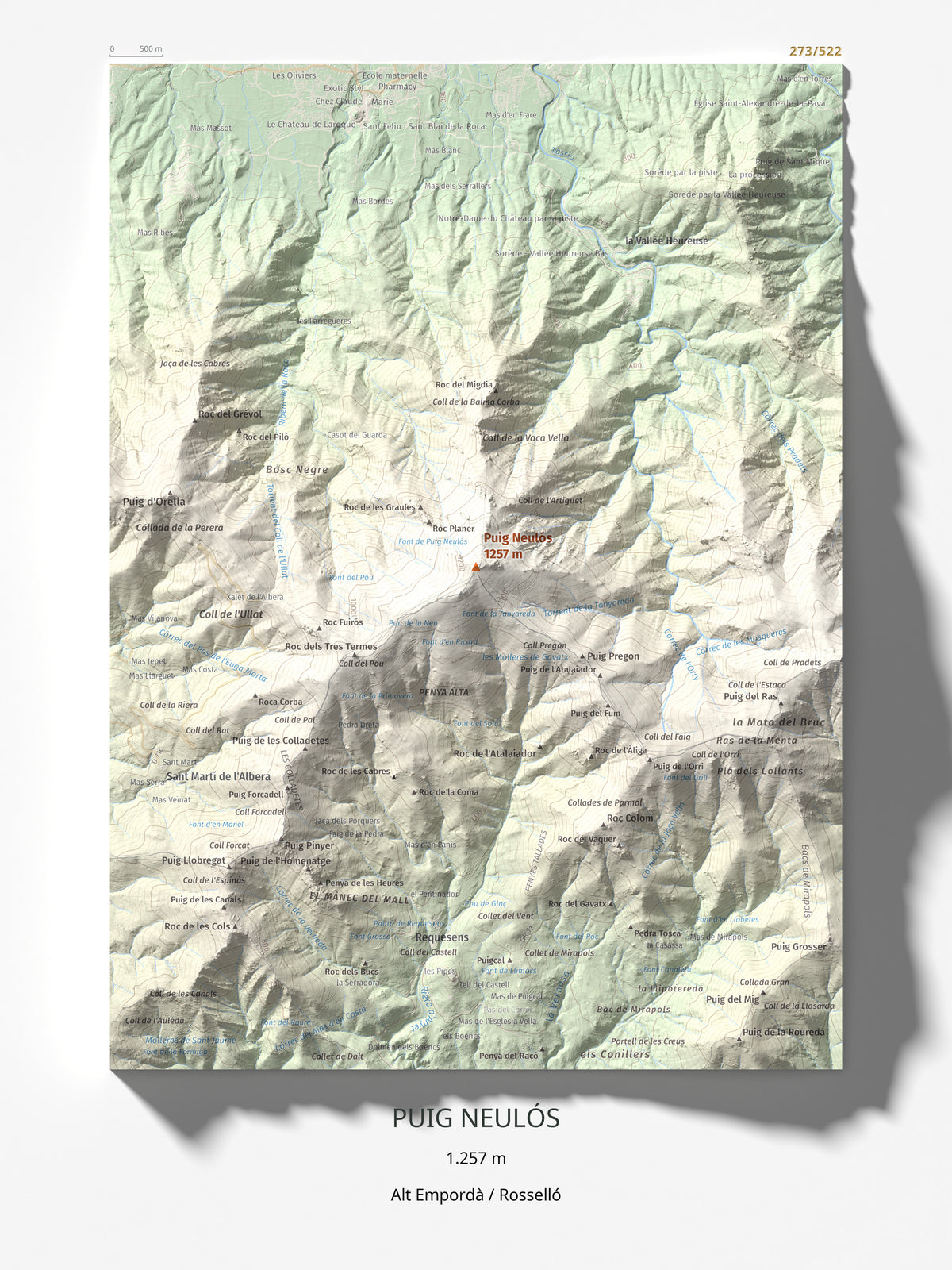 Mapa de relieve de Puig Neulós, 1257 m, Alt Empordà · Rosselló, lámina 100 Cims de Trobart 30 × 40 cm.