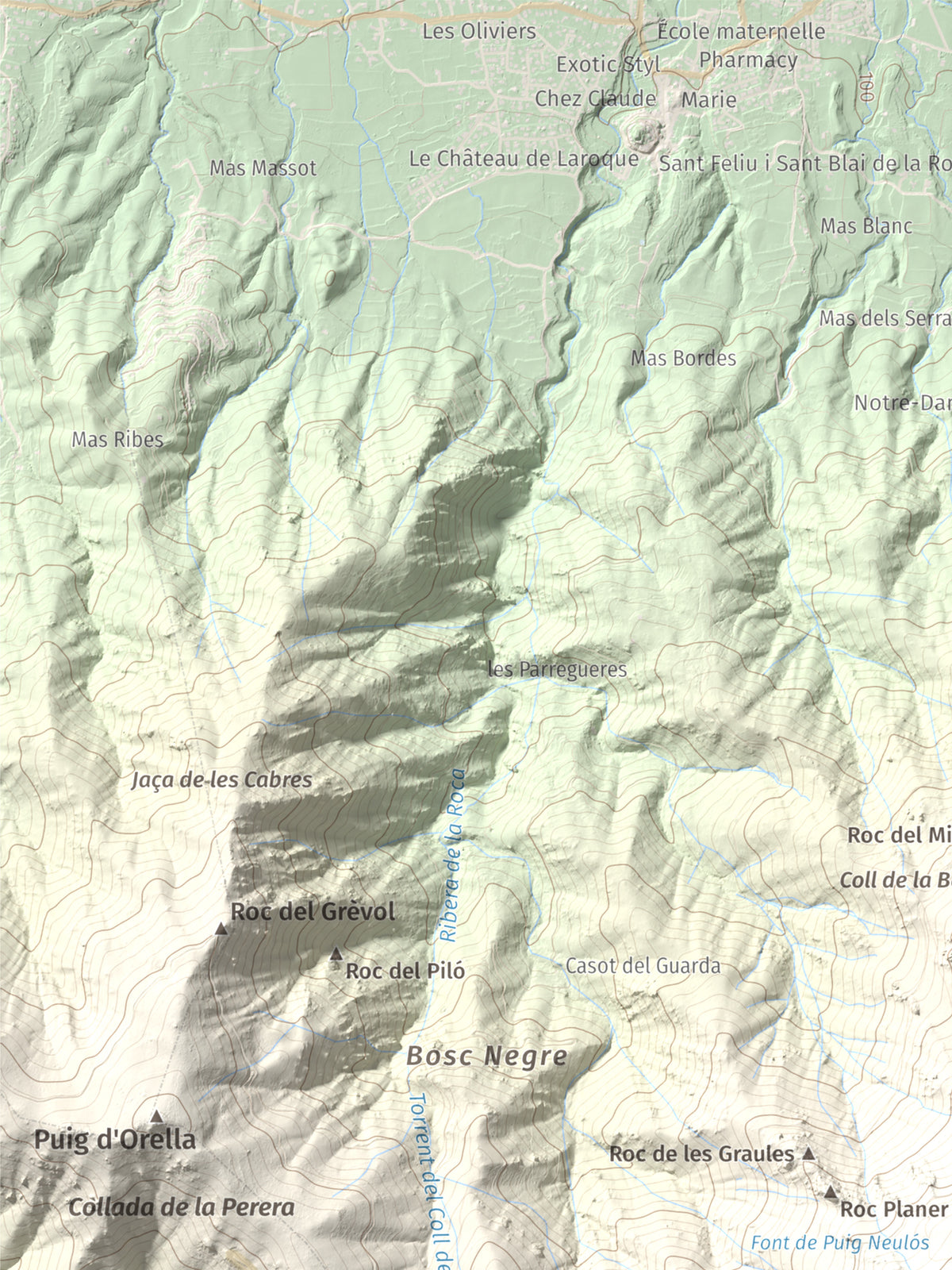 Mapa de relieve de Puig Neulós, 1257 m, Alt Empordà · Rosselló, lámina 100 Cims de Trobart. Detalle de la zona superior izquierda. 30 × 40 cm.