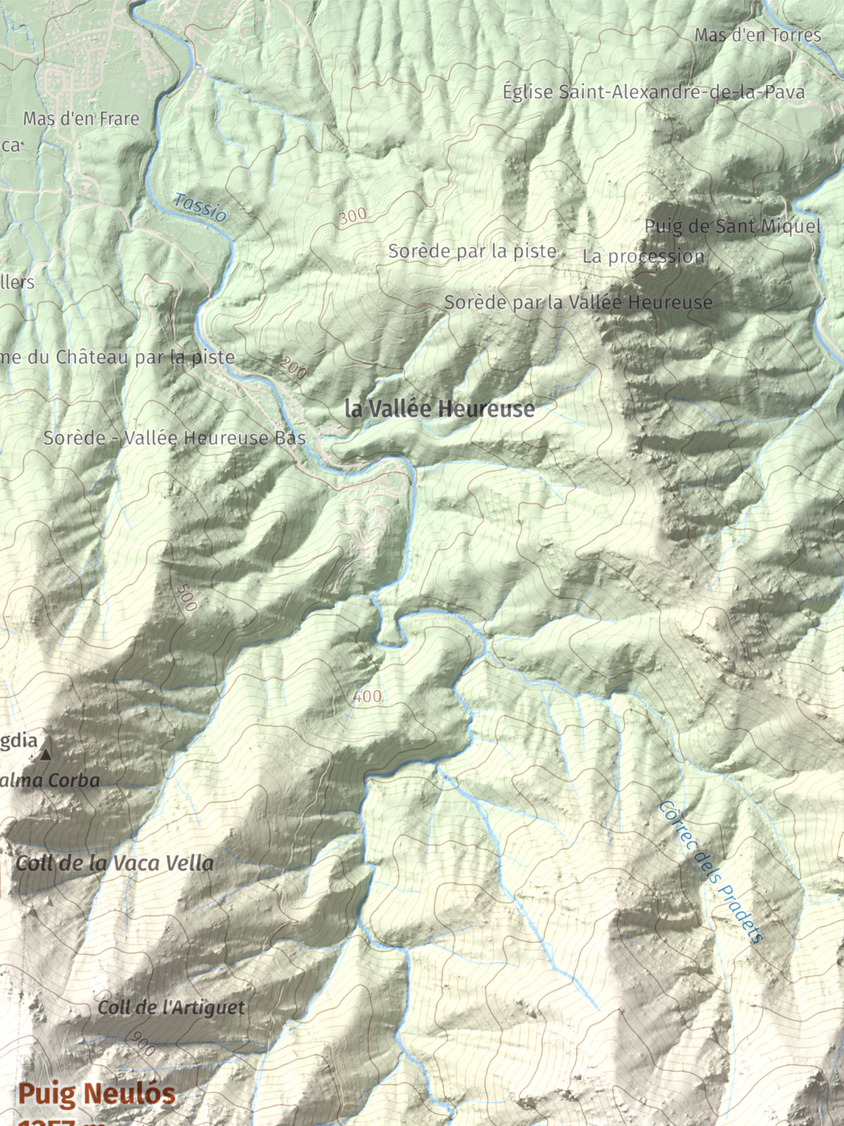 Mapa de relieve de Puig Neulós, 1257 m, Alt Empordà · Rosselló, lámina 100 Cims de Trobart. Detalle de la zona superior derecha. 30 × 40 cm.