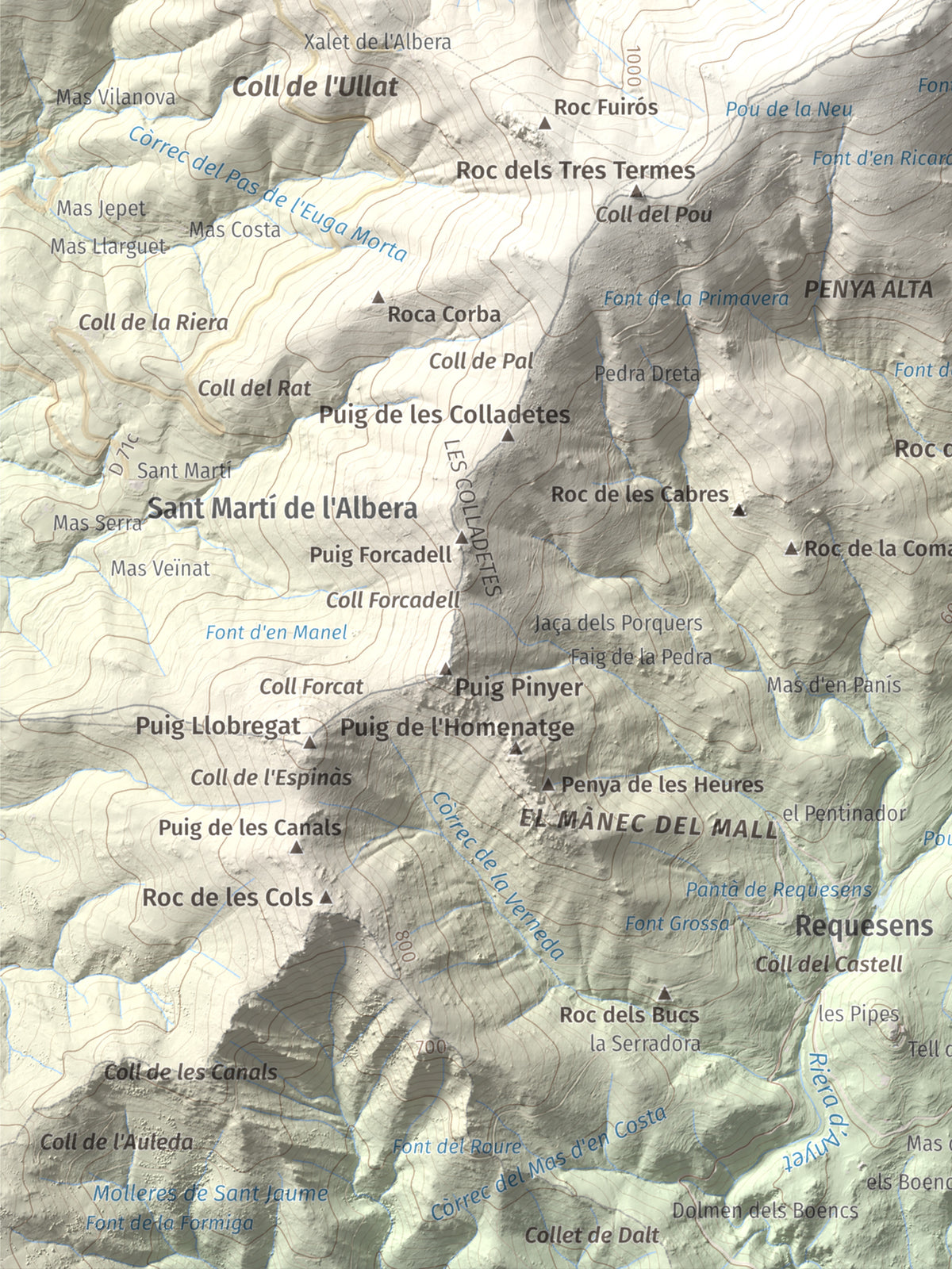 Mapa de relieve de Puig Neulós, 1257 m, Alt Empordà · Rosselló, lámina 100 Cims de Trobart. Detalle de la zona inferior izquierda. 30 × 40 cm.
