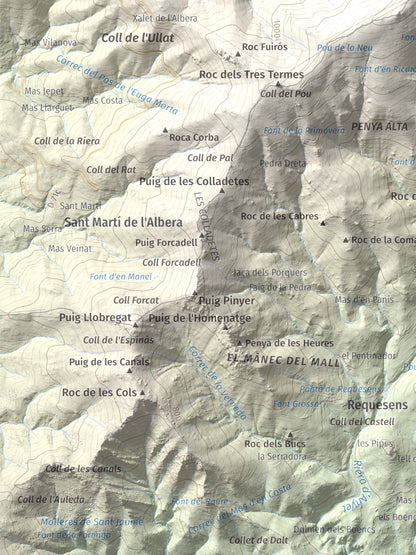 Mapa de relieve de Puig Neulós, 1257 m, Alt Empordà · Rosselló, lámina 100 Cims de Trobart. Detalle de la zona inferior izquierda. 30 × 40 cm.