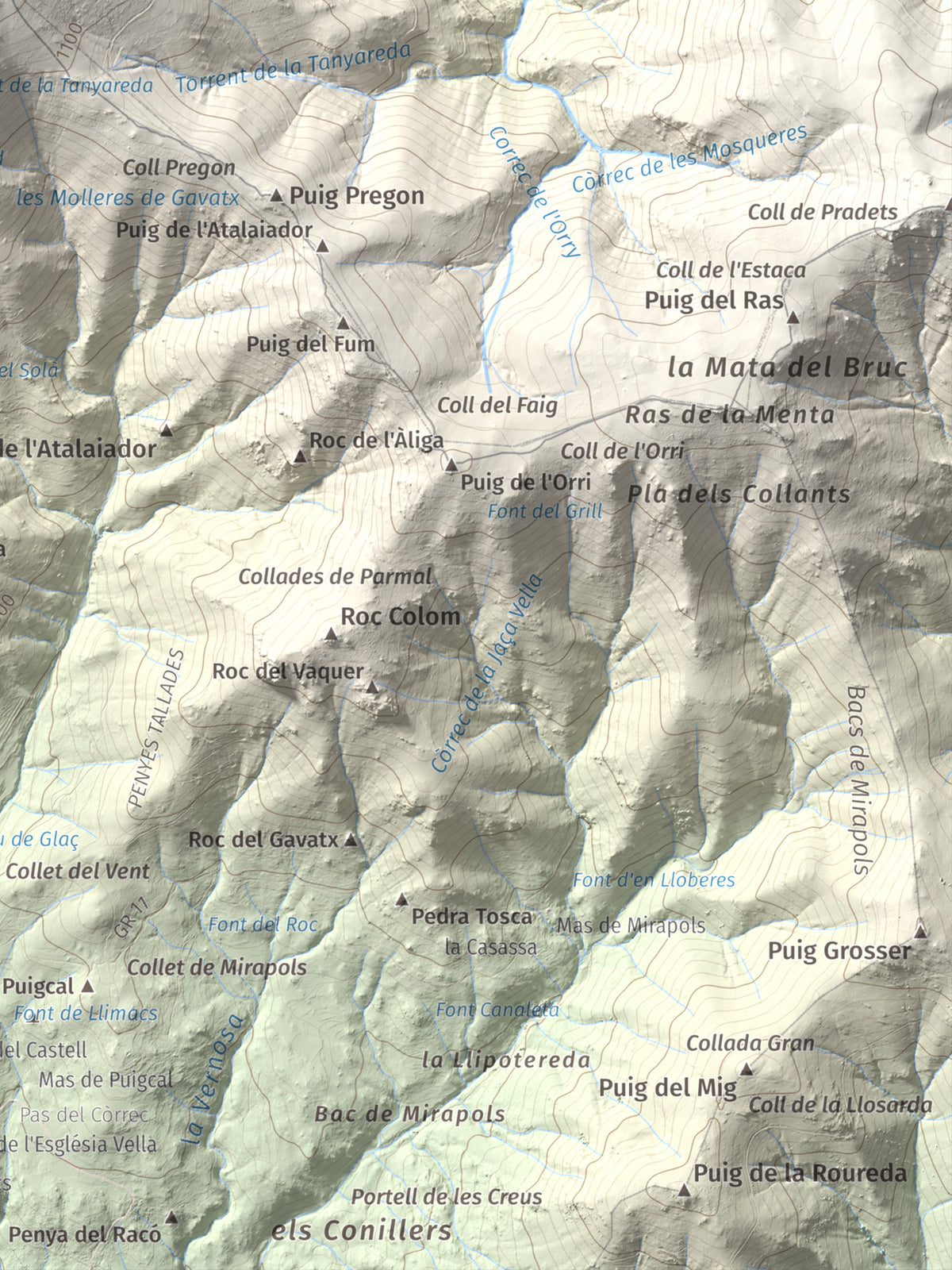 Mapa de relieve de Puig Neulós, 1257 m, Alt Empordà · Rosselló, lámina 100 Cims de Trobart. Detalle de la zona inferior derecha. 30 × 40 cm.