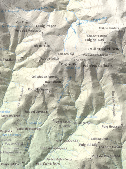 Mapa de relieve de Puig Neulós, 1257 m, Alt Empordà · Rosselló, lámina 100 Cims de Trobart. Detalle de la zona inferior derecha. 30 × 40 cm.
