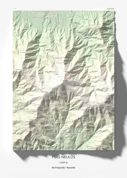 Mapa de relieve de Puig Neulós, 1257 m, Alt Empordà · Rosselló, lámina 100 Cims de Trobart 50 × 70 cm.