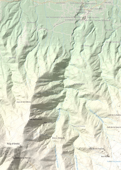 Mapa de relieve de Puig Neulós, 1257 m, Alt Empordà · Rosselló, lámina 100 Cims de Trobart. Detalle de la zona superior izquierda. 50 × 70 cm.
