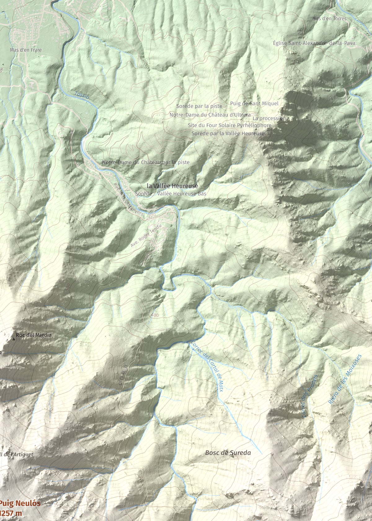 Mapa de relieve de Puig Neulós, 1257 m, Alt Empordà · Rosselló, lámina 100 Cims de Trobart. Detalle de la zona superior derecha. 50 × 70 cm.