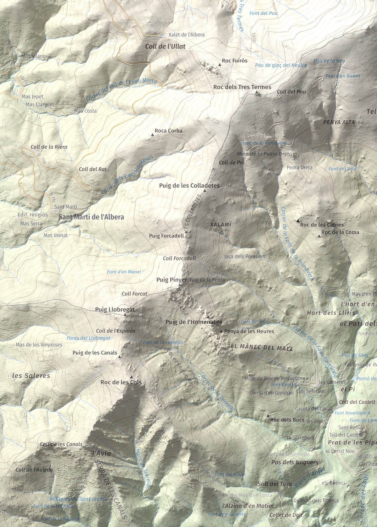 Mapa de relieve de Puig Neulós, 1257 m, Alt Empordà · Rosselló, lámina 100 Cims de Trobart. Detalle de la zona inferior izquierda. 50 × 70 cm.