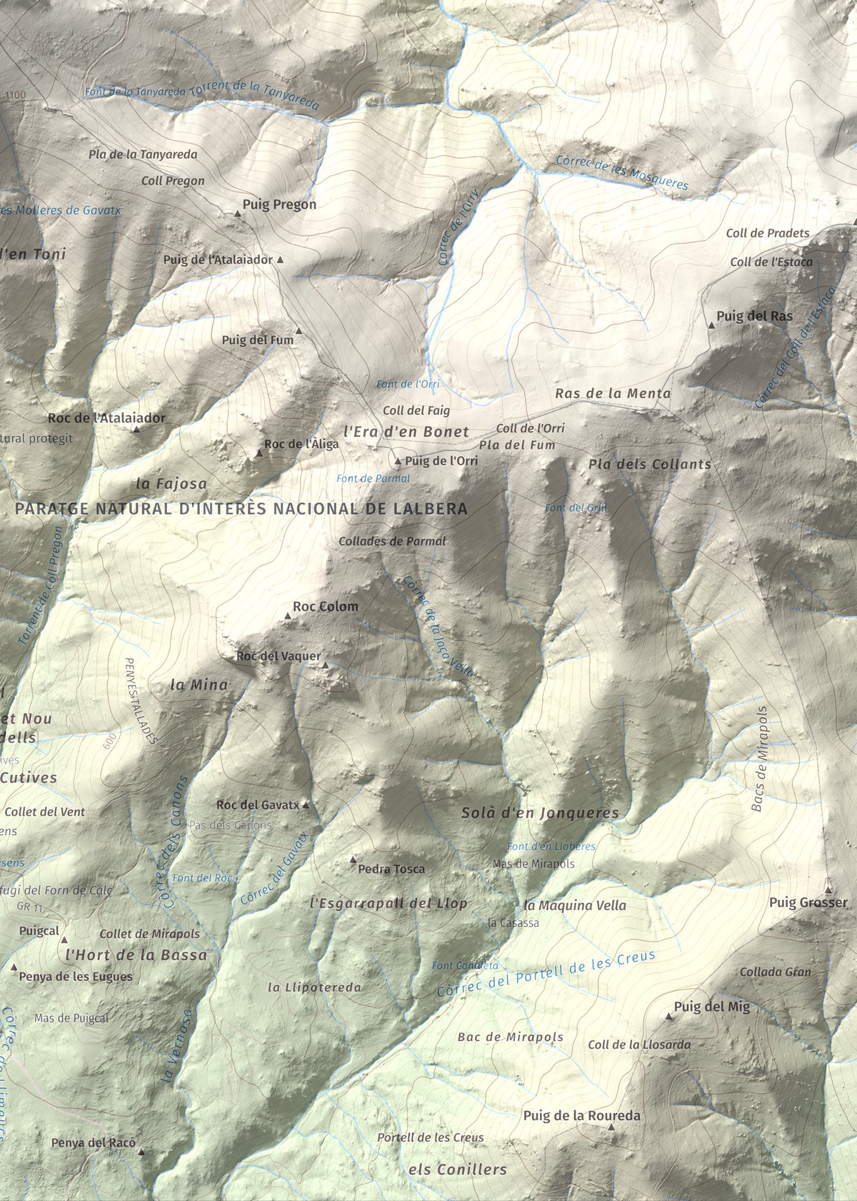 Mapa de relieve de Puig Neulós, 1257 m, Alt Empordà · Rosselló, lámina 100 Cims de Trobart. Detalle de la zona inferior derecha. 50 × 70 cm.