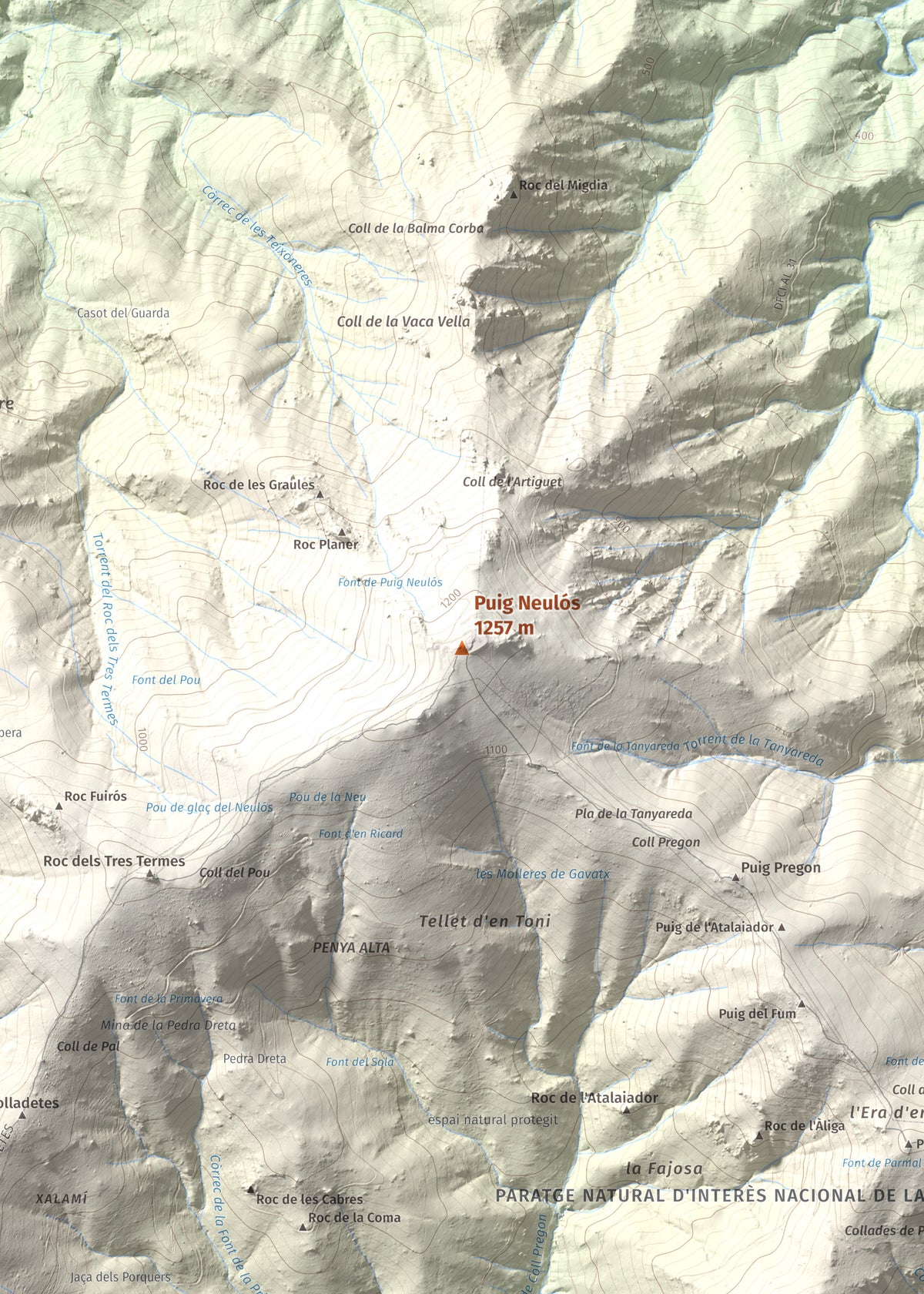 Mapa de relieve de Puig Neulós, 1257 m, Alt Empordà · Rosselló, lámina 100 Cims de Trobart. Detalle de la zona central. 50 × 70 cm.