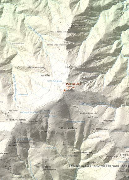 Mapa de relieve de Puig Neulós, 1257 m, Alt Empordà · Rosselló, lámina 100 Cims de Trobart. Detalle de la zona central. 50 × 70 cm.