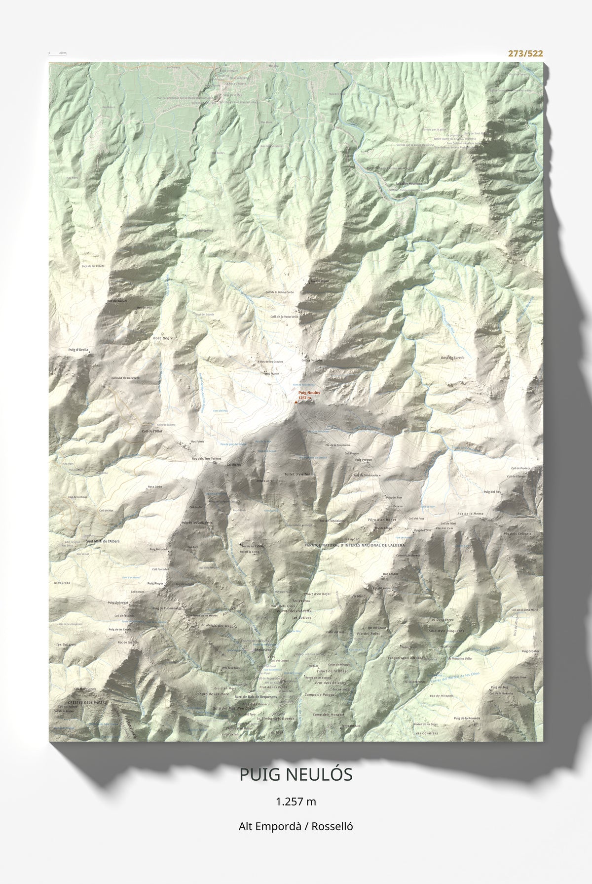 Mapa de relieve de Puig Neulós, 1257 m, Alt Empordà · Rosselló, lámina 100 Cims de Trobart 61 × 91 cm.