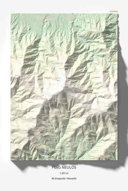 Mapa de relieve de Puig Neulós, 1257 m, Alt Empordà · Rosselló, lámina 100 Cims de Trobart 61 × 91 cm.