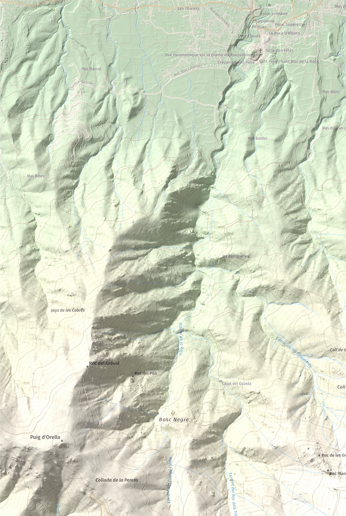 Mapa de relieve de Puig Neulós, 1257 m, Alt Empordà · Rosselló, lámina 100 Cims de Trobart. Detalle de la zona superior izquierda. 61 × 91 cm.