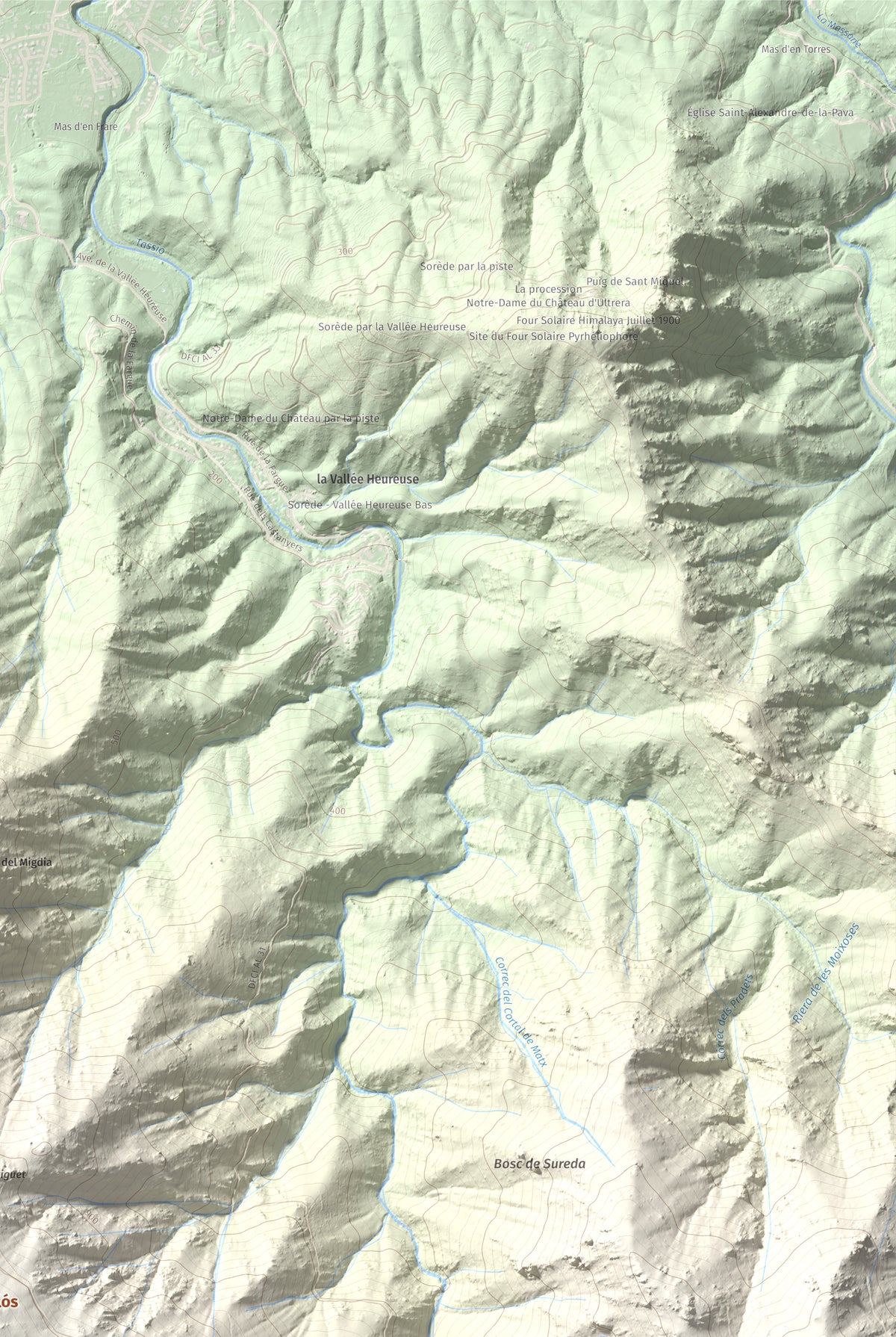 Mapa de relieve de Puig Neulós, 1257 m, Alt Empordà · Rosselló, lámina 100 Cims de Trobart. Detalle de la zona superior derecha. 61 × 91 cm.
