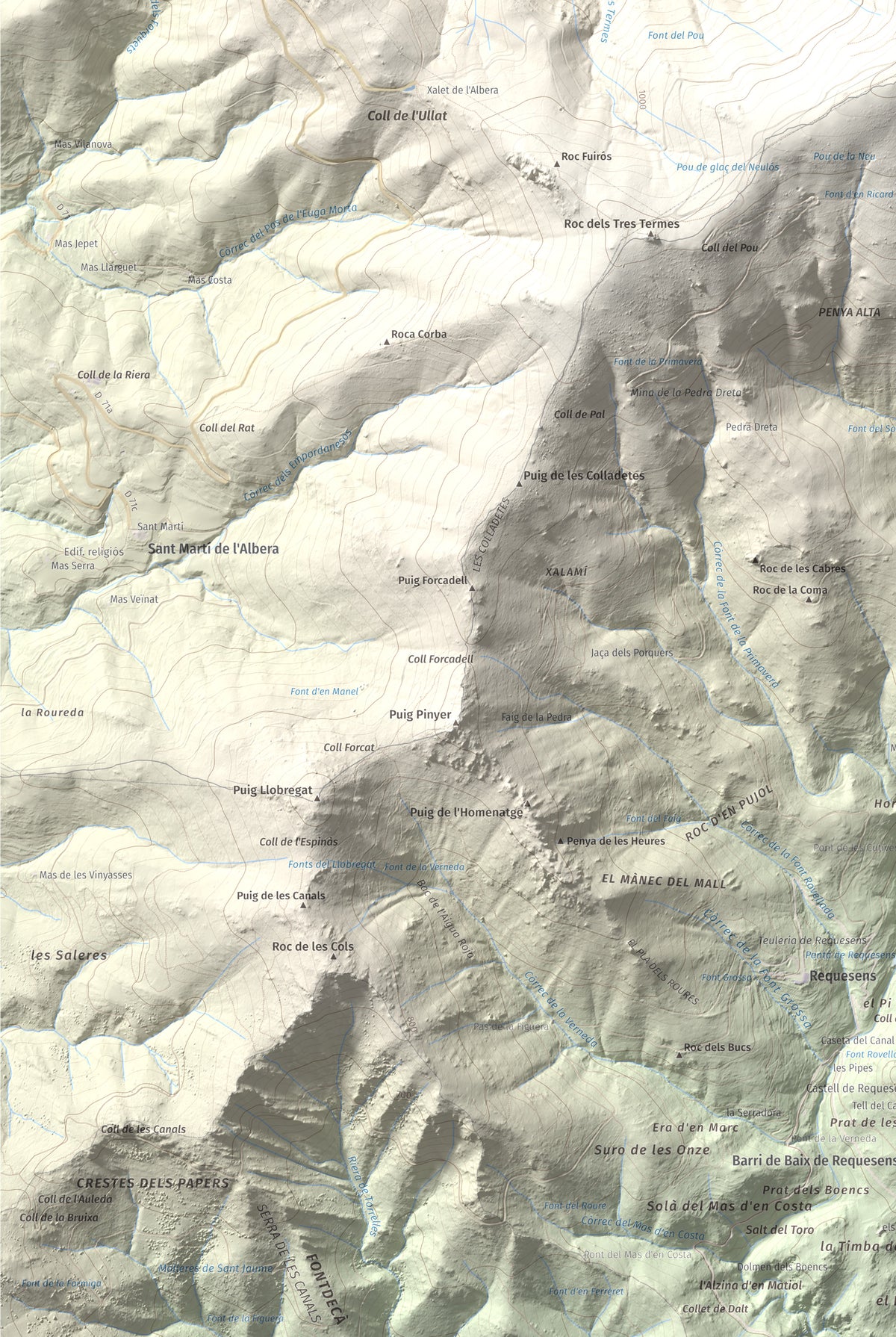 Mapa de relieve de Puig Neulós, 1257 m, Alt Empordà · Rosselló, lámina 100 Cims de Trobart. Detalle de la zona inferior izquierda. 61 × 91 cm.