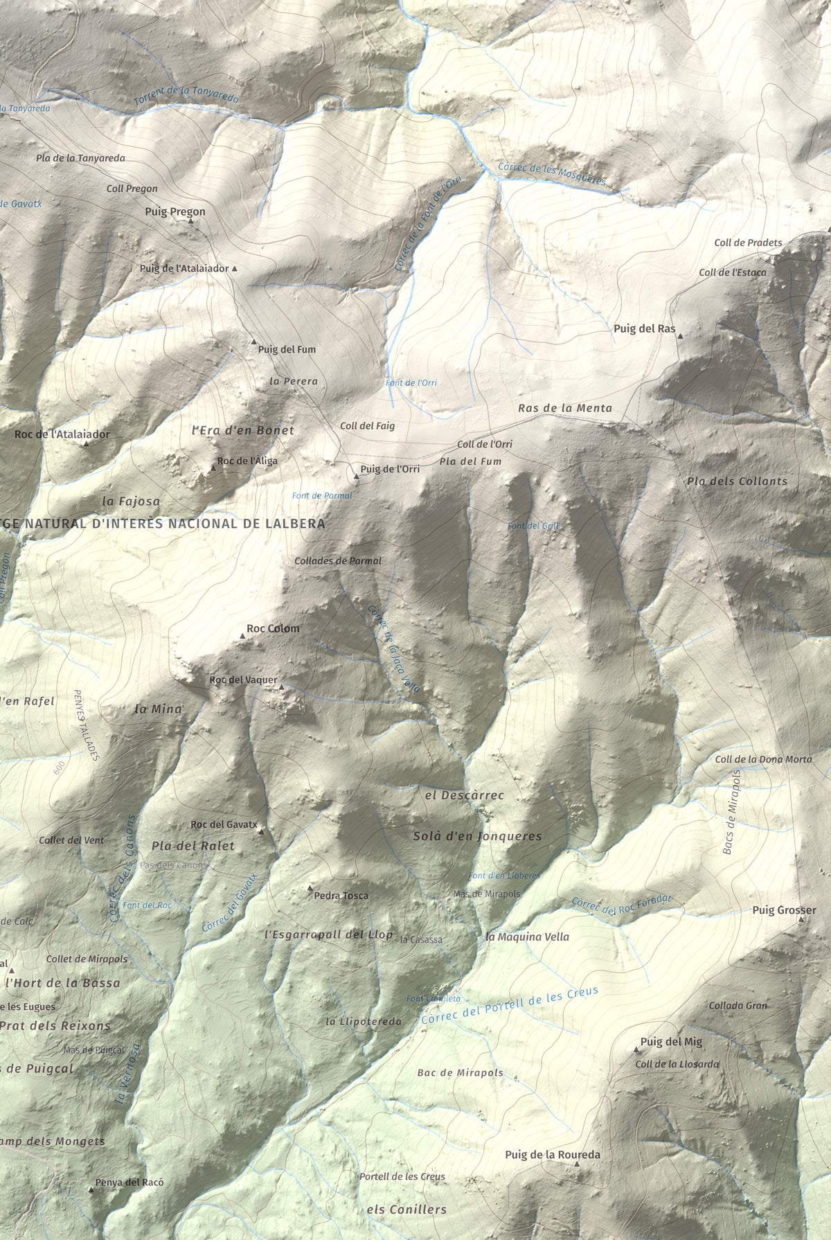 Mapa de relieve de Puig Neulós, 1257 m, Alt Empordà · Rosselló, lámina 100 Cims de Trobart. Detalle de la zona inferior derecha. 61 × 91 cm.