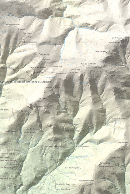 Mapa de relieve de Puig Neulós, 1257 m, Alt Empordà · Rosselló, lámina 100 Cims de Trobart. Detalle de la zona inferior derecha. 61 × 91 cm.