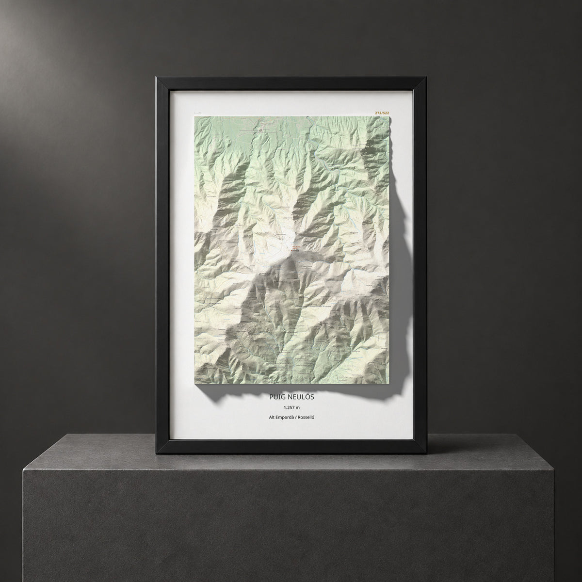 Mapa de relieve de Puig Neulós, 1257 m, Alt Empordà · Rosselló, lámina 100 Cims de Trobart. Presentación enmarcada. 70 × 100 cm.