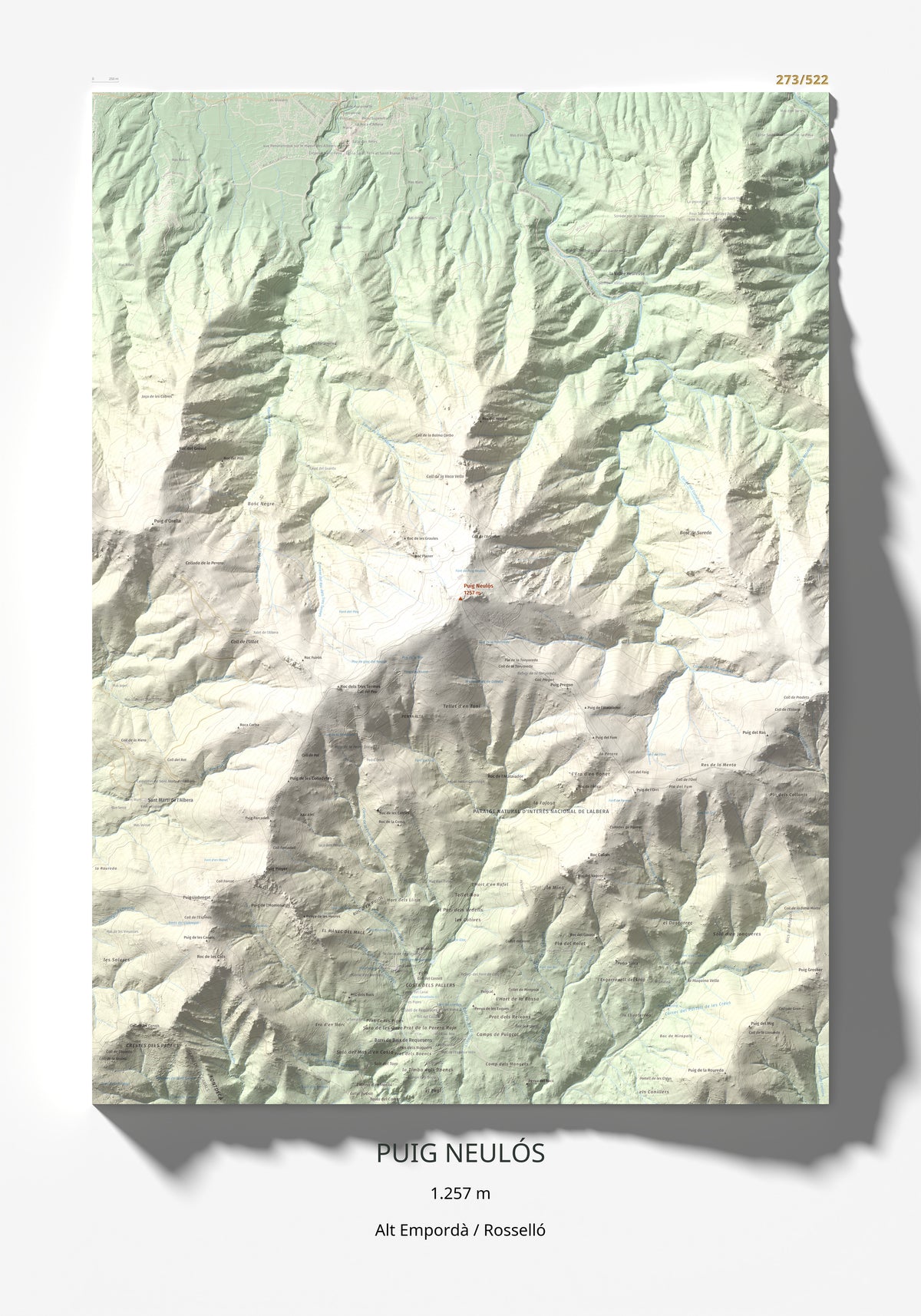 Mapa de relieve de Puig Neulós, 1257 m, Alt Empordà · Rosselló, lámina 100 Cims de Trobart 70 × 100 cm.