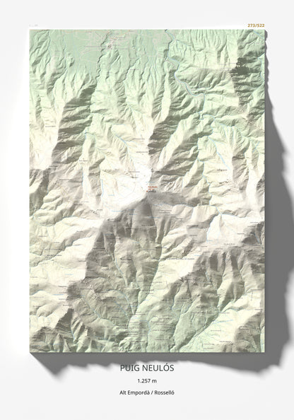 Mapa de relieve de Puig Neulós, 1257 m, Alt Empordà · Rosselló, lámina 100 Cims de Trobart 70 × 100 cm.