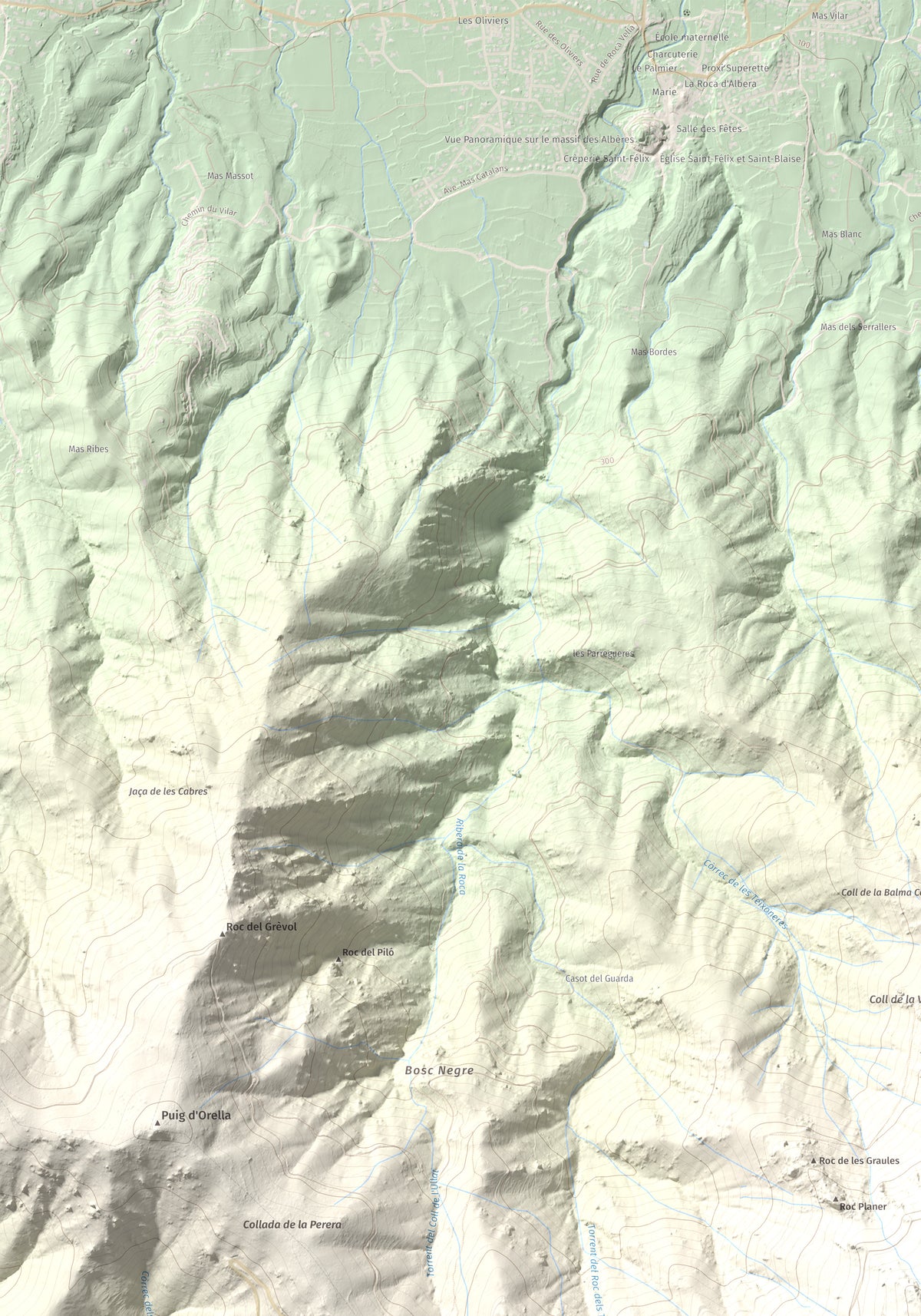 Mapa de relieve de Puig Neulós, 1257 m, Alt Empordà · Rosselló, lámina 100 Cims de Trobart. Detalle de la zona superior izquierda. 70 × 100 cm.