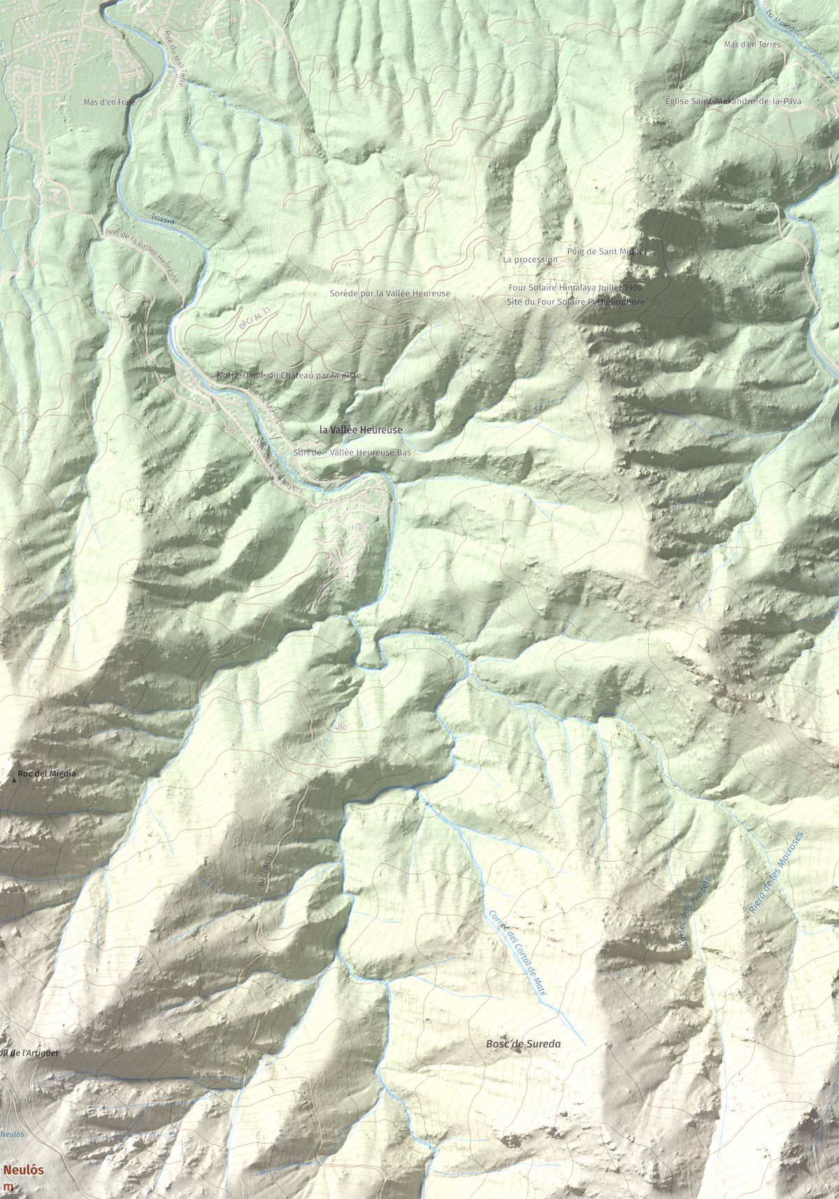 Mapa de relieve de Puig Neulós, 1257 m, Alt Empordà · Rosselló, lámina 100 Cims de Trobart. Detalle de la zona superior derecha. 70 × 100 cm.