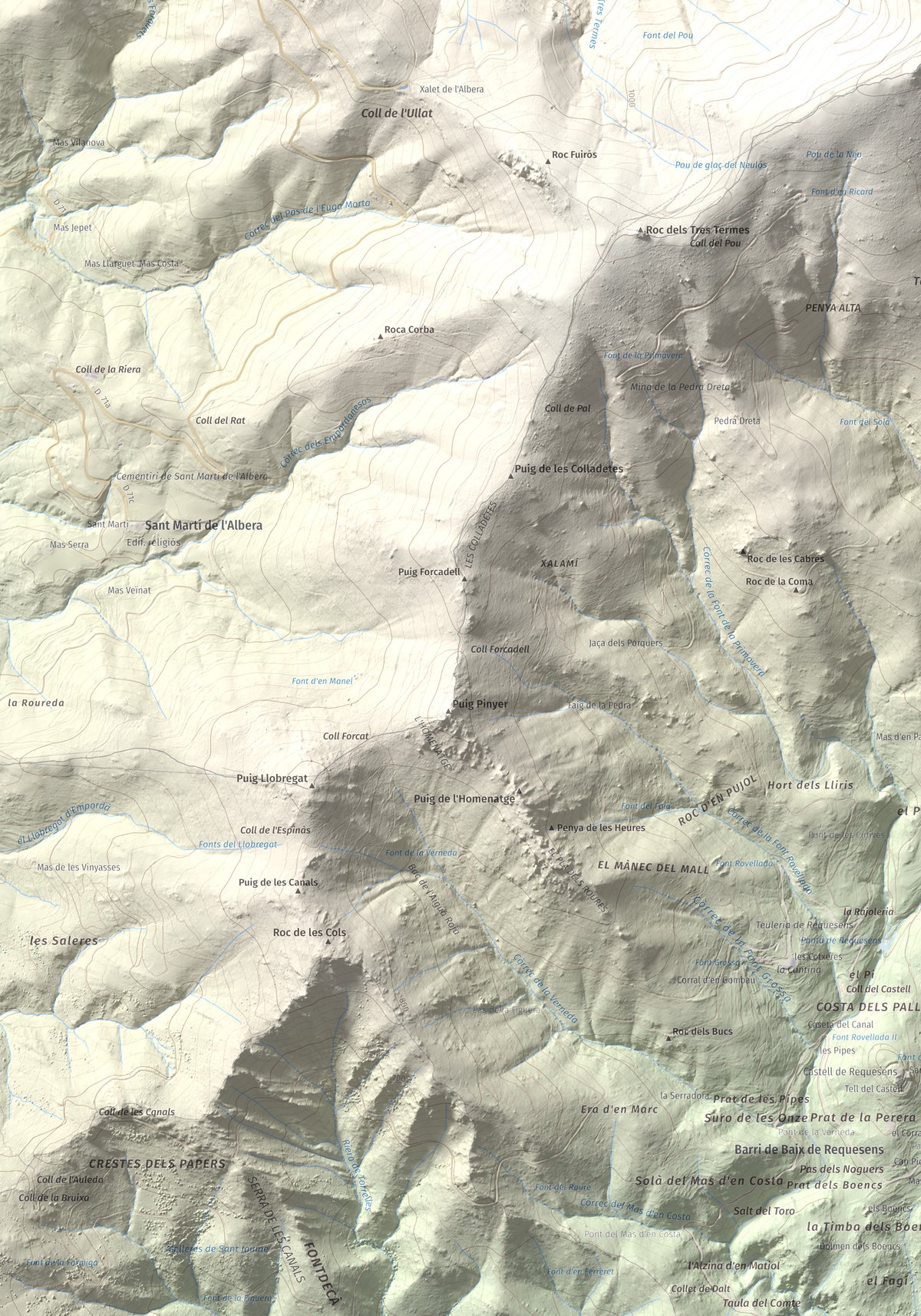 Mapa de relieve de Puig Neulós, 1257 m, Alt Empordà · Rosselló, lámina 100 Cims de Trobart. Detalle de la zona inferior izquierda. 70 × 100 cm.