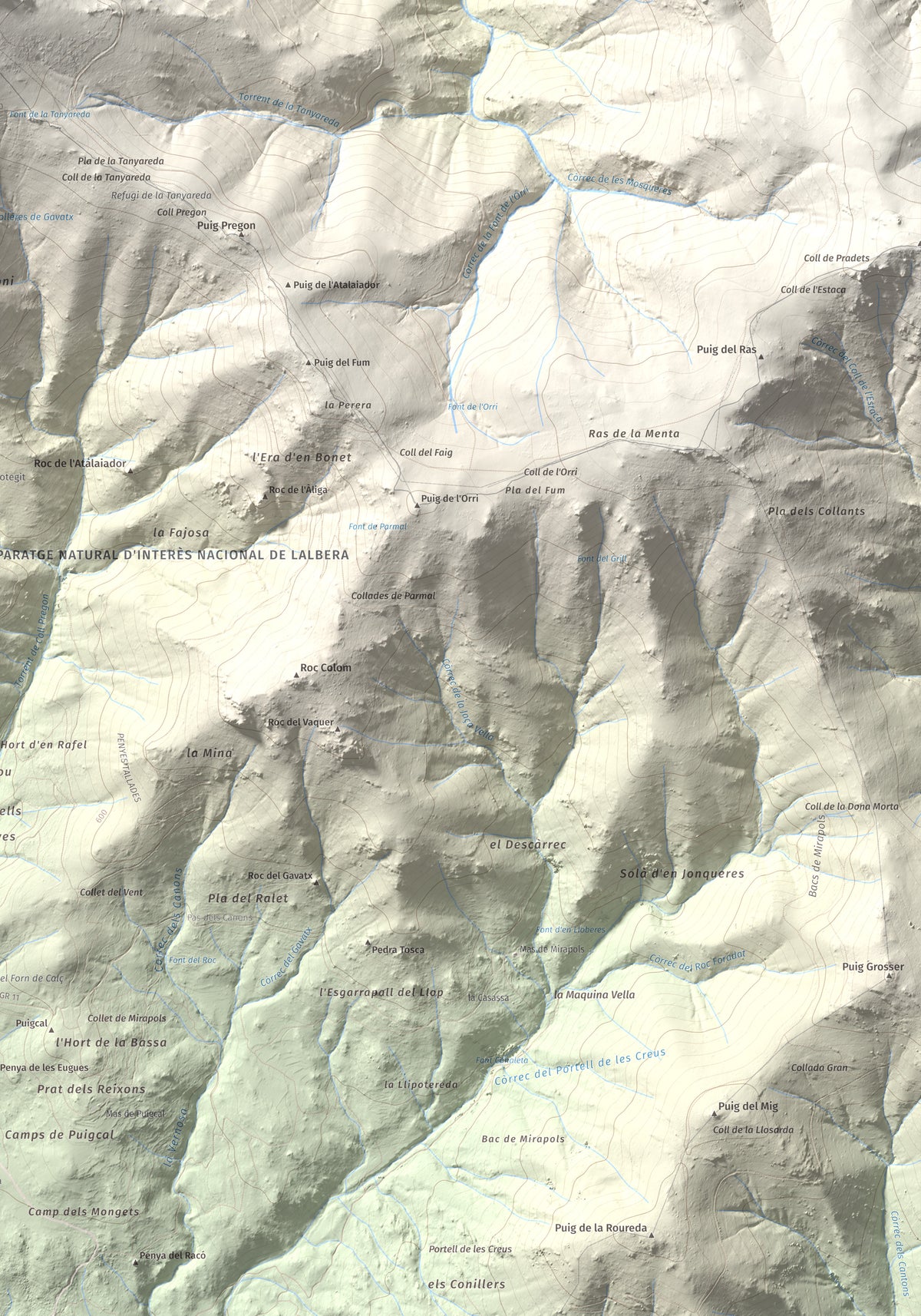 Mapa de relieve de Puig Neulós, 1257 m, Alt Empordà · Rosselló, lámina 100 Cims de Trobart. Detalle de la zona inferior derecha. 70 × 100 cm.