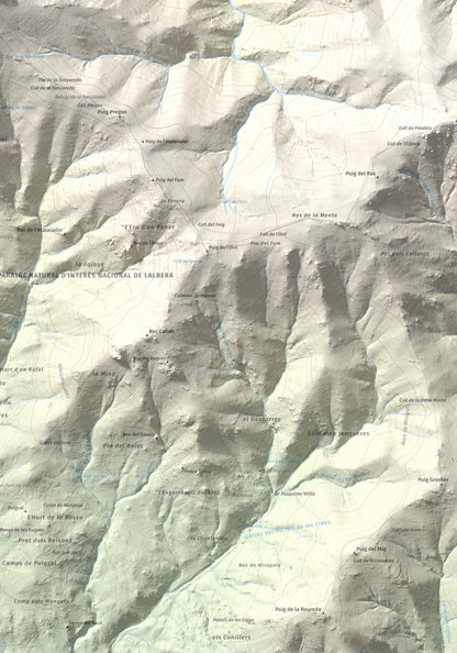 Mapa de relieve de Puig Neulós, 1257 m, Alt Empordà · Rosselló, lámina 100 Cims de Trobart. Detalle de la zona inferior derecha. 70 × 100 cm.