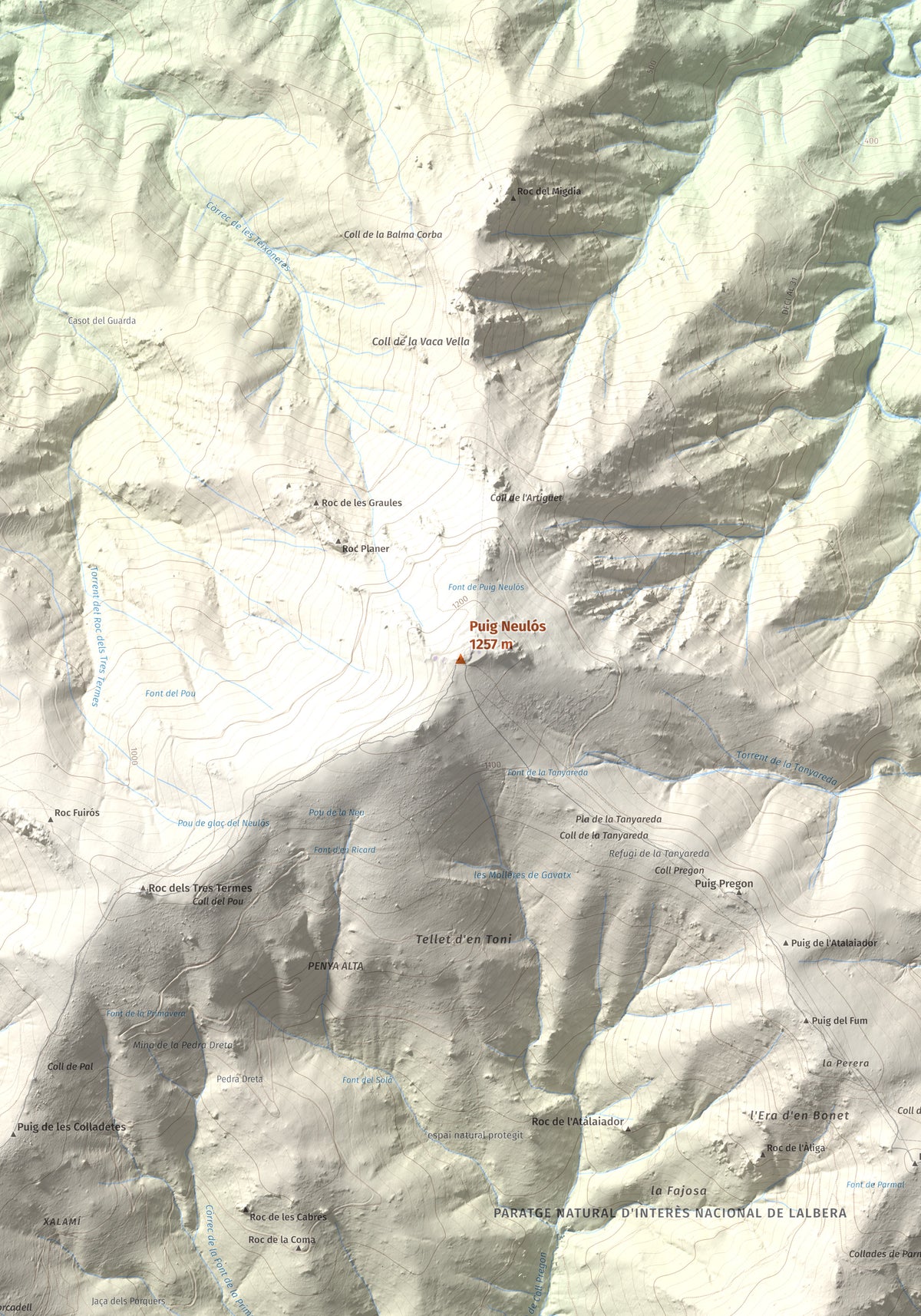 Mapa de relieve de Puig Neulós, 1257 m, Alt Empordà · Rosselló, lámina 100 Cims de Trobart. Detalle de la zona central. 70 × 100 cm.