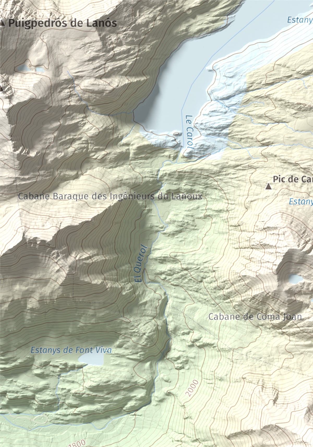 Mapa de relieve de Puig Occidental de Coll Roig, 2833 m, Cerdanya Nord, lámina 100 Cims de Trobart. Detalle de la zona superior izquierda. 21 × 30 cm.