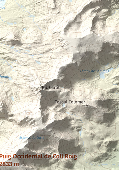 Mapa de relieve de Puig Occidental de Coll Roig, 2833 m, Cerdanya Nord, lámina 100 Cims de Trobart. Detalle de la zona superior derecha. 21 × 30 cm.