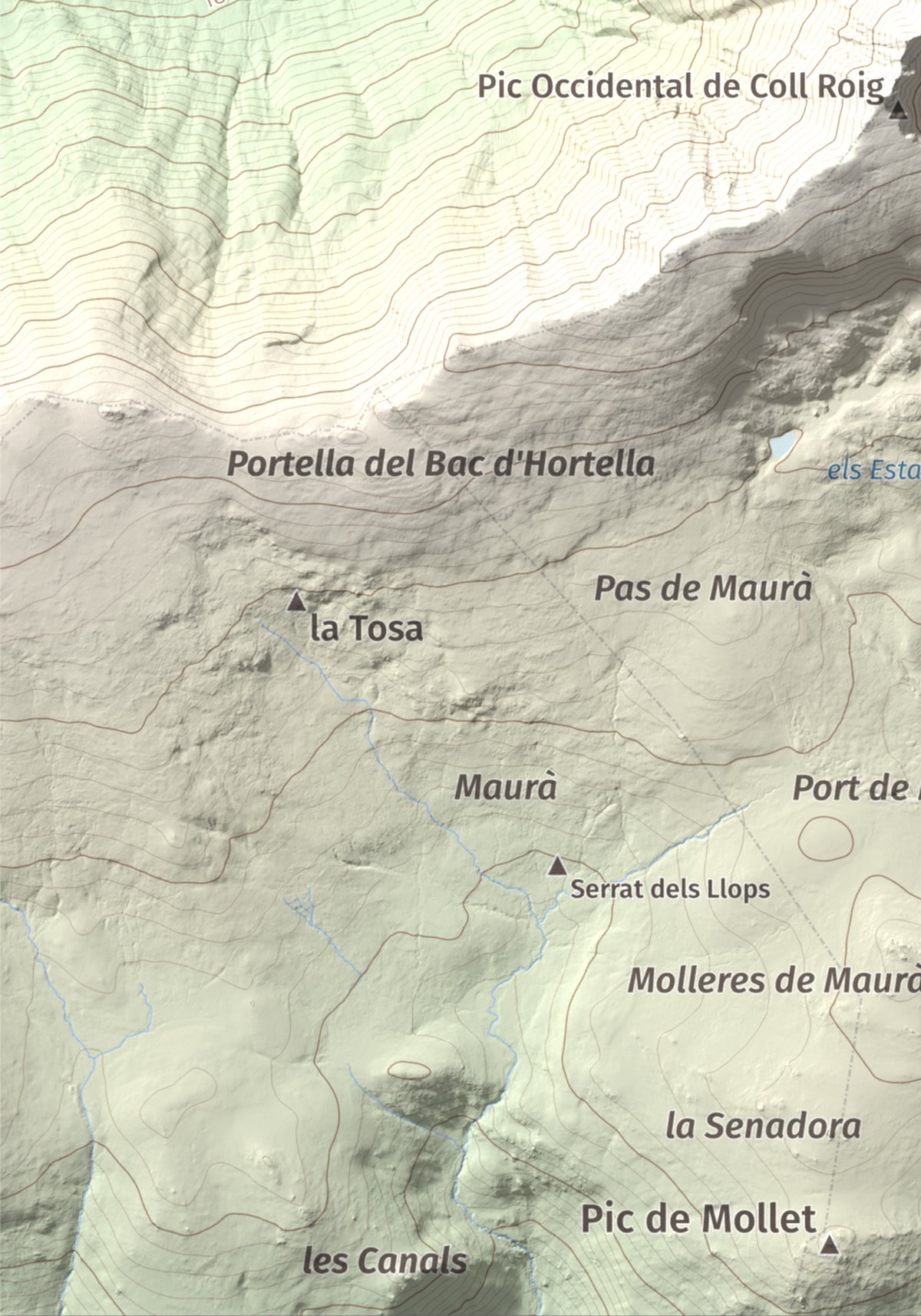 Mapa de relieve de Puig Occidental de Coll Roig, 2833 m, Cerdanya Nord, lámina 100 Cims de Trobart. Detalle de la zona inferior izquierda. 21 × 30 cm.