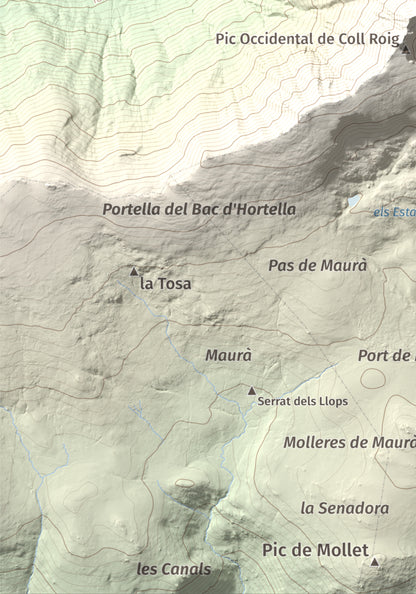 Mapa de relieve de Puig Occidental de Coll Roig, 2833 m, Cerdanya Nord, lámina 100 Cims de Trobart. Detalle de la zona inferior izquierda. 21 × 30 cm.