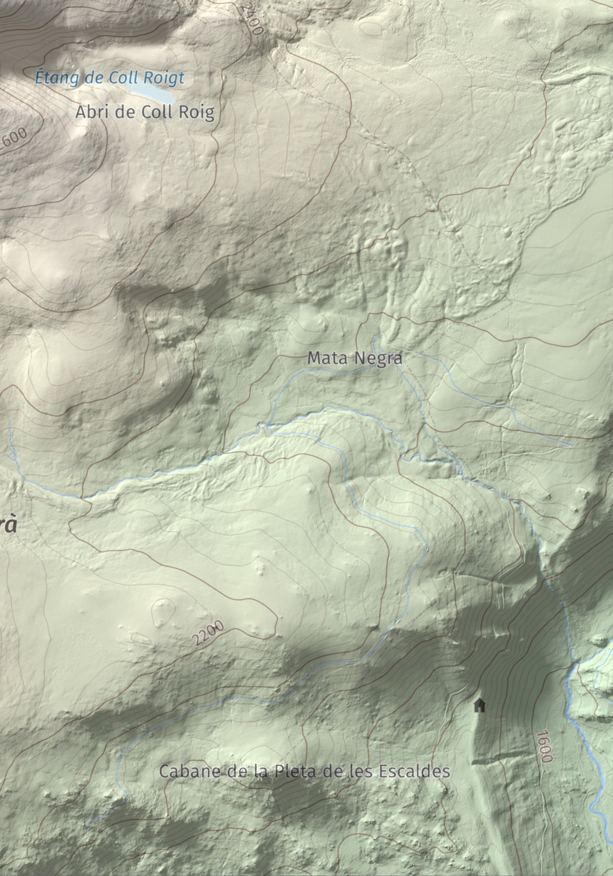 Mapa de relieve de Puig Occidental de Coll Roig, 2833 m, Cerdanya Nord, lámina 100 Cims de Trobart. Detalle de la zona inferior derecha. 21 × 30 cm.