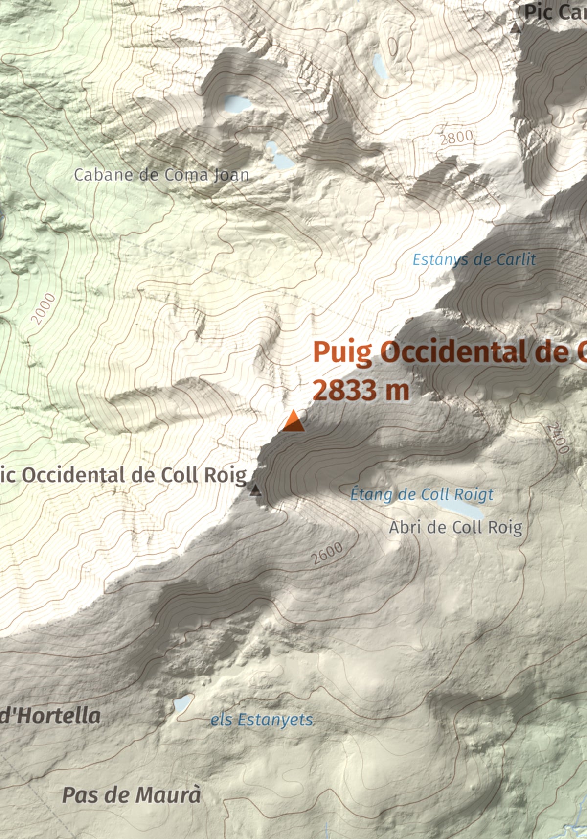 Mapa de relieve de Puig Occidental de Coll Roig, 2833 m, Cerdanya Nord, lámina 100 Cims de Trobart. Detalle de la zona central. 21 × 30 cm.