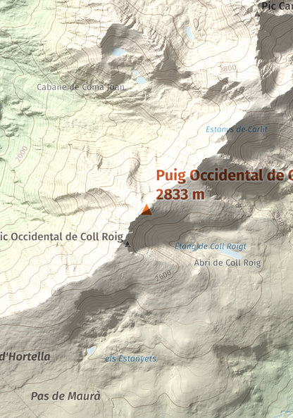 Mapa de relieve de Puig Occidental de Coll Roig, 2833 m, Cerdanya Nord, lámina 100 Cims de Trobart. Detalle de la zona central. 21 × 30 cm.