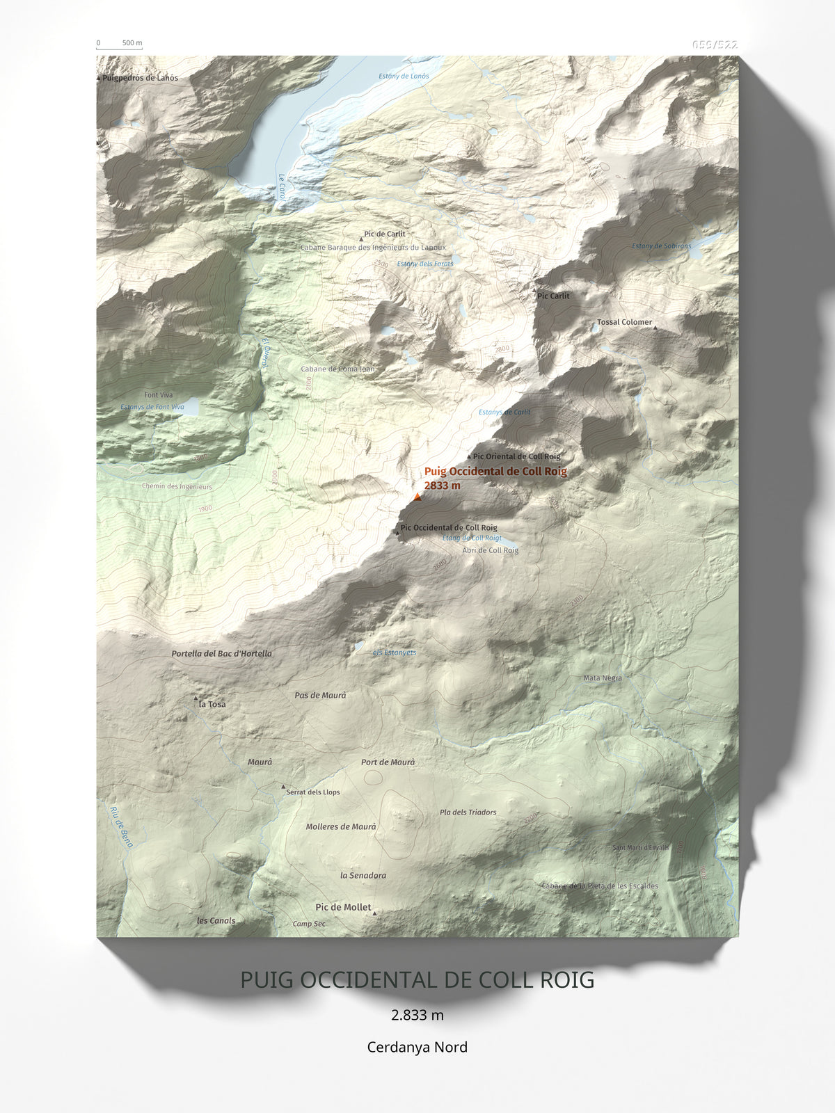 Mapa de relieve de Puig Occidental de Coll Roig, 2833 m, Cerdanya Nord, lámina 100 Cims de Trobart 30 × 40 cm.