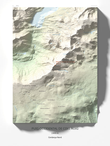 Mapa de relieve de Puig Occidental de Coll Roig, 2833 m, Cerdanya Nord, lámina 100 Cims de Trobart 30 × 40 cm.