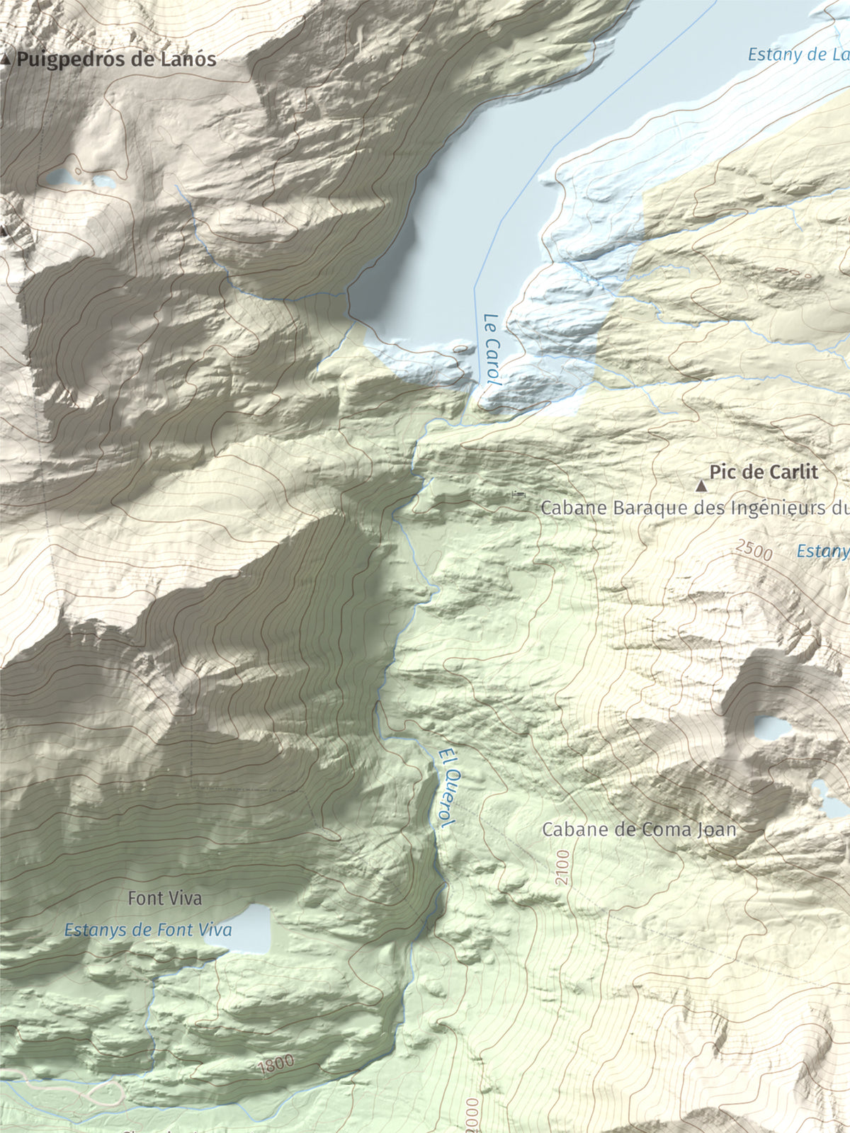 Mapa de relieve de Puig Occidental de Coll Roig, 2833 m, Cerdanya Nord, lámina 100 Cims de Trobart. Detalle de la zona superior izquierda. 30 × 40 cm.