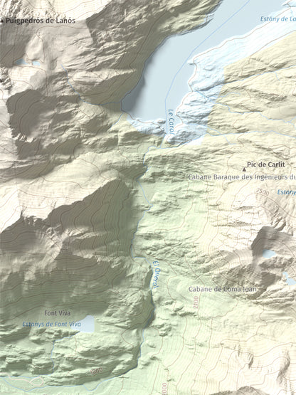 Mapa de relieve de Puig Occidental de Coll Roig, 2833 m, Cerdanya Nord, lámina 100 Cims de Trobart. Detalle de la zona superior izquierda. 30 × 40 cm.