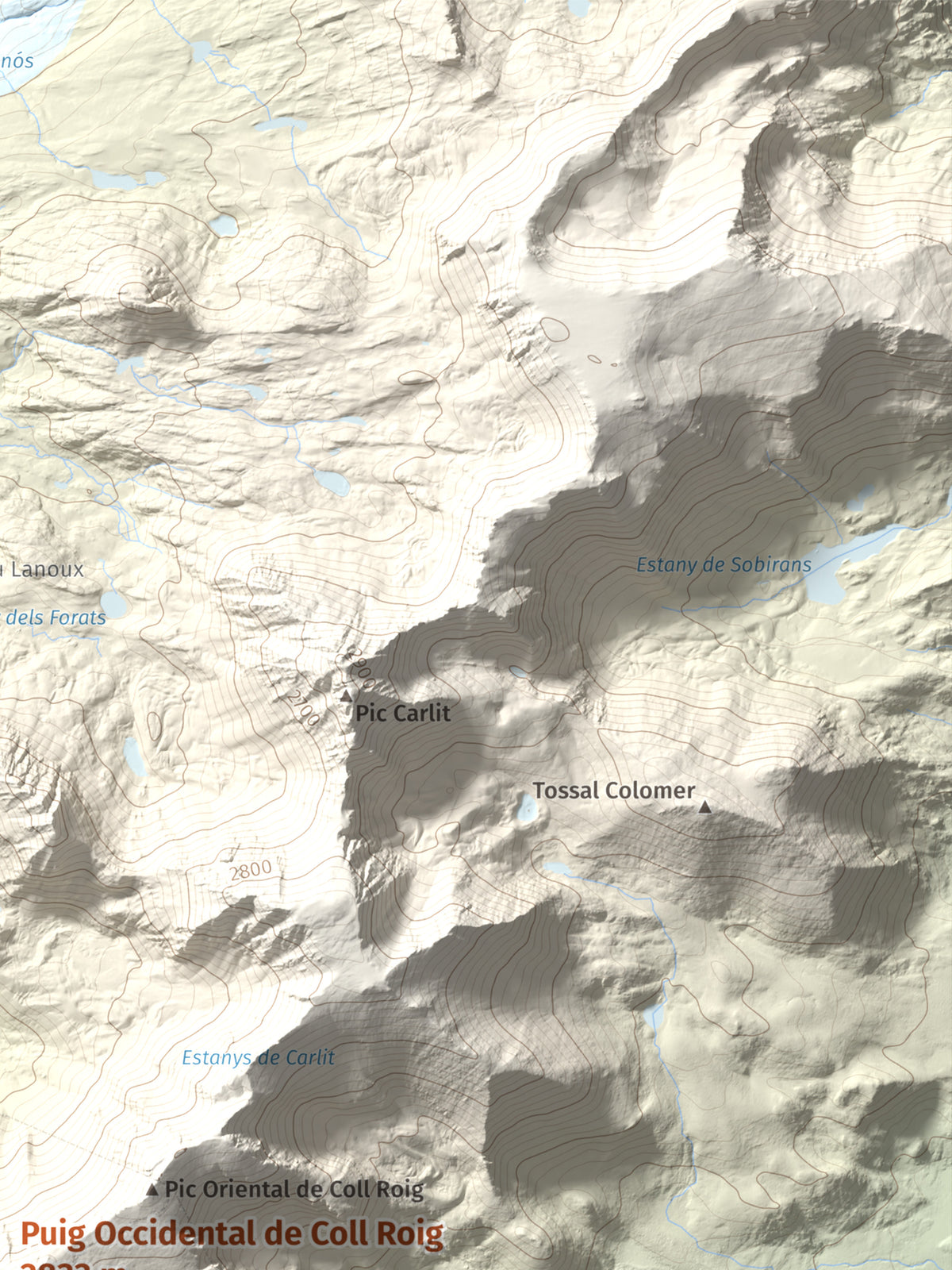 Mapa de relieve de Puig Occidental de Coll Roig, 2833 m, Cerdanya Nord, lámina 100 Cims de Trobart. Detalle de la zona superior derecha. 30 × 40 cm.