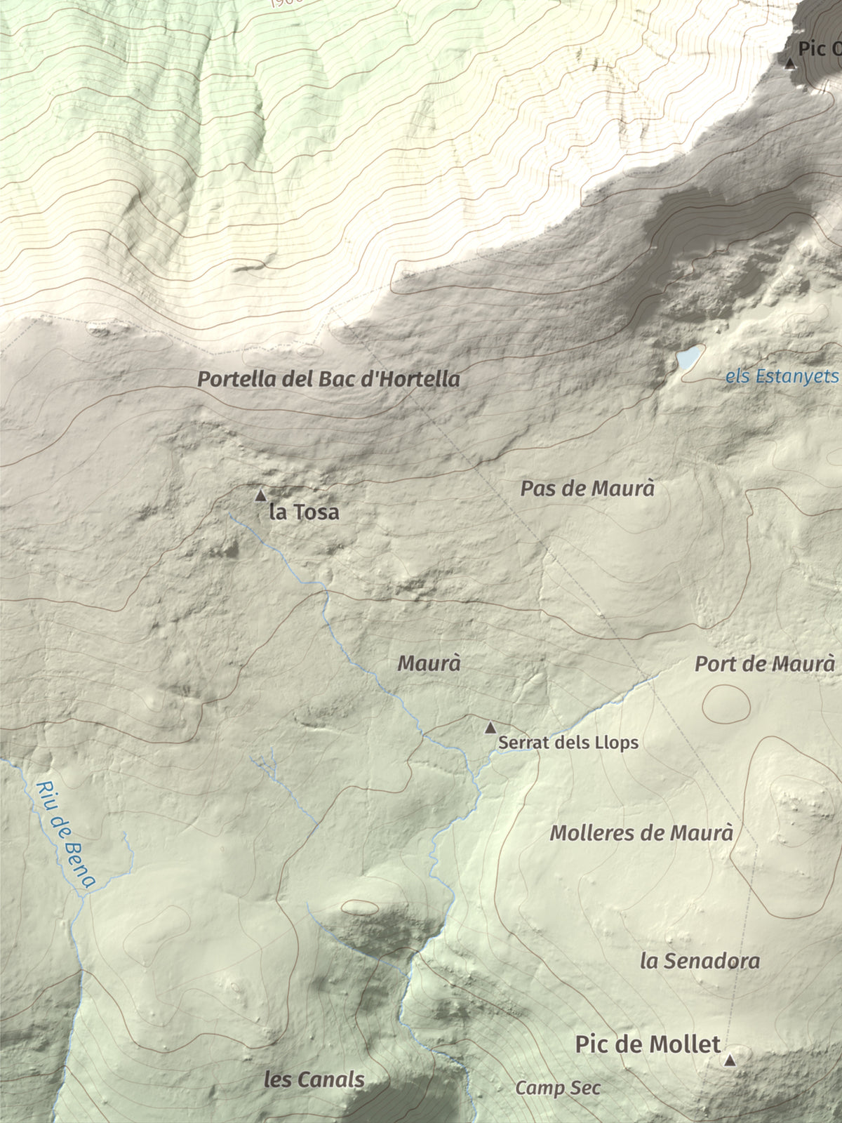 Mapa de relieve de Puig Occidental de Coll Roig, 2833 m, Cerdanya Nord, lámina 100 Cims de Trobart. Detalle de la zona inferior izquierda. 30 × 40 cm.