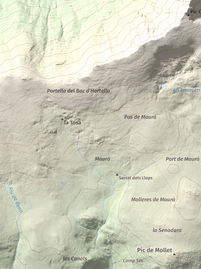 Mapa de relieve de Puig Occidental de Coll Roig, 2833 m, Cerdanya Nord, lámina 100 Cims de Trobart. Detalle de la zona inferior izquierda. 30 × 40 cm.