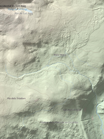 Mapa de relieve de Puig Occidental de Coll Roig, 2833 m, Cerdanya Nord, lámina 100 Cims de Trobart. Detalle de la zona inferior derecha. 30 × 40 cm.