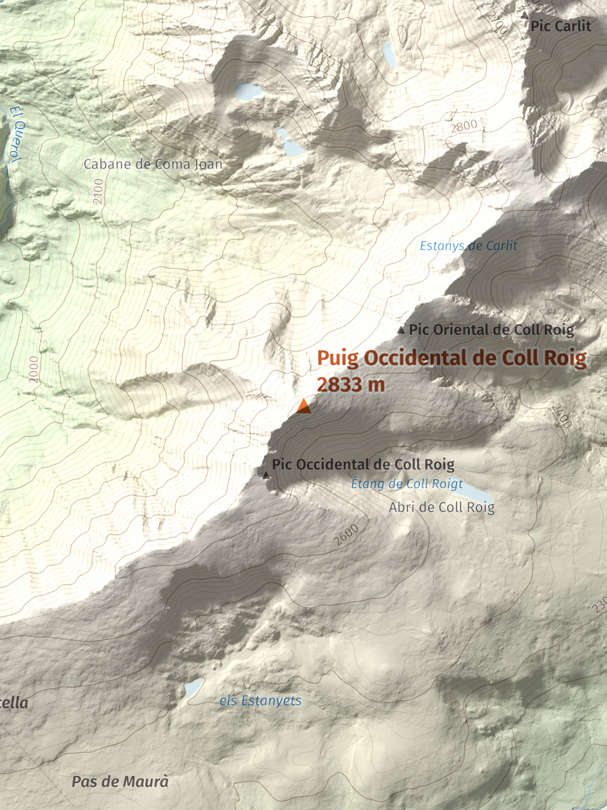 Mapa de relieve de Puig Occidental de Coll Roig, 2833 m, Cerdanya Nord, lámina 100 Cims de Trobart. Detalle de la zona central. 30 × 40 cm.